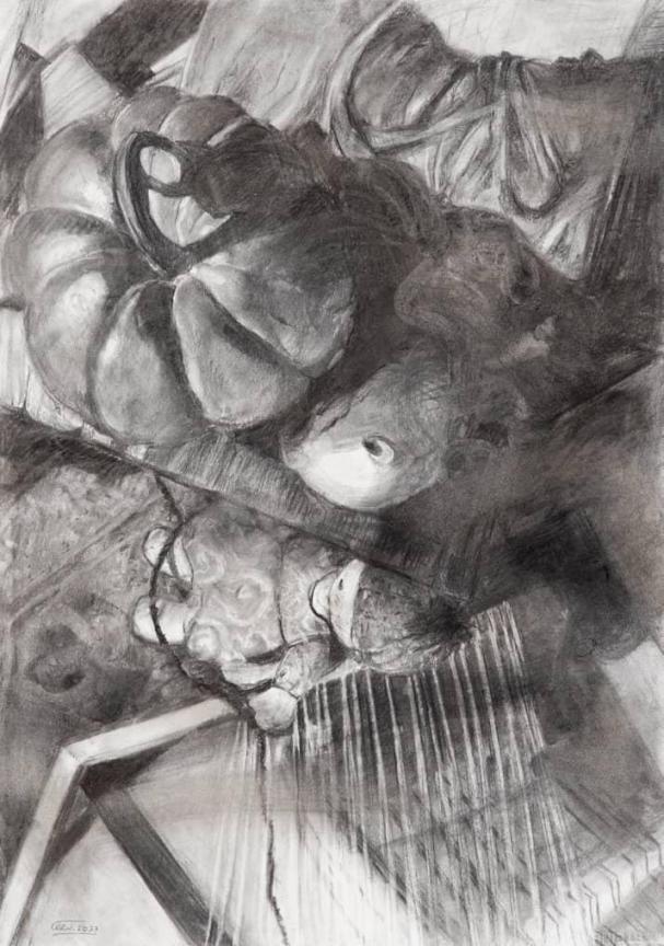 Dizziness/ Charcoal on Cardboard/ H 50 × w 70 cm/ H 19/7 × W 27/5 in/ 2023 - LEYLA MOHAMMADI