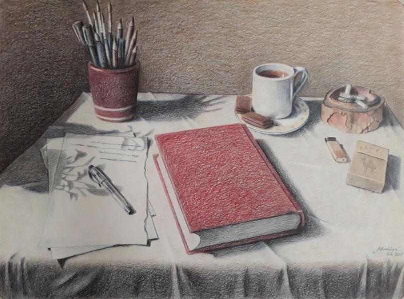 DESK WITH RED BOOK/ Colored Pencil on Cardboard/ H 35 × W 47 cm/ H 13.8 × W 18.5 in/ 2019	 - ALI SHAHBAZI