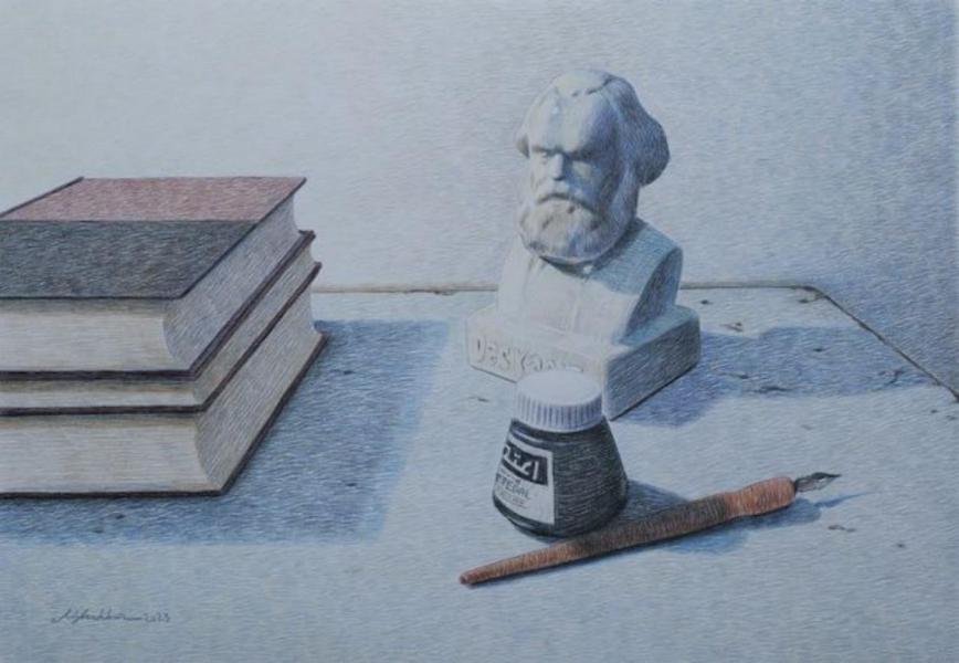 Still life with Karl Marx/ colored pencil/ H 35 × W 50 cm/ H 19.10 × W 13.12 in/ 2023