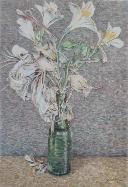 WHITE LILIES/ Colored Pencil on Cardboard/ H 35 × W 24 cm/ H 13.8 × W 9.5 in/ 2021	