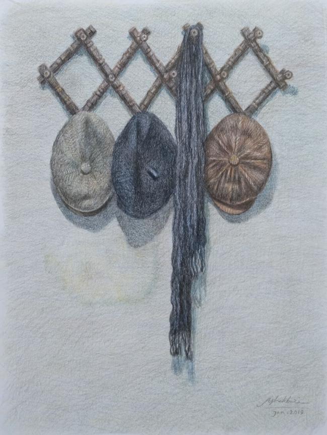 A black scarf and three hats/ Colored pencil/ H 34.5 × W 45 cm/ H 13.8 × W 17.11 in/ 2019
