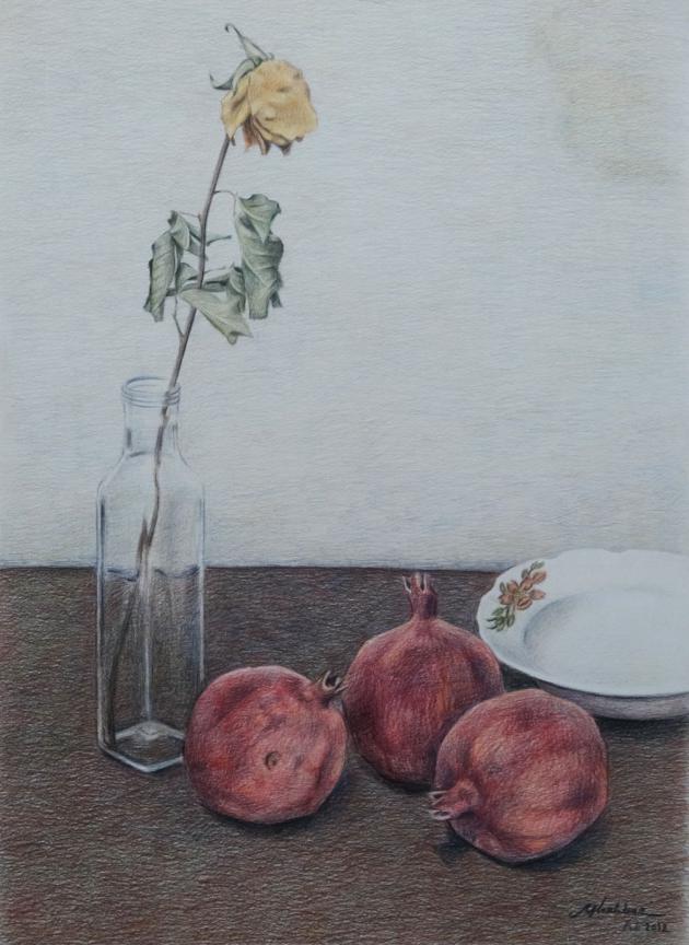 Yellow rose and Pomegranates/ Colored pencil/ H 33 × W 45.5 cm/ H 13 × W 17.14 in/ 2019