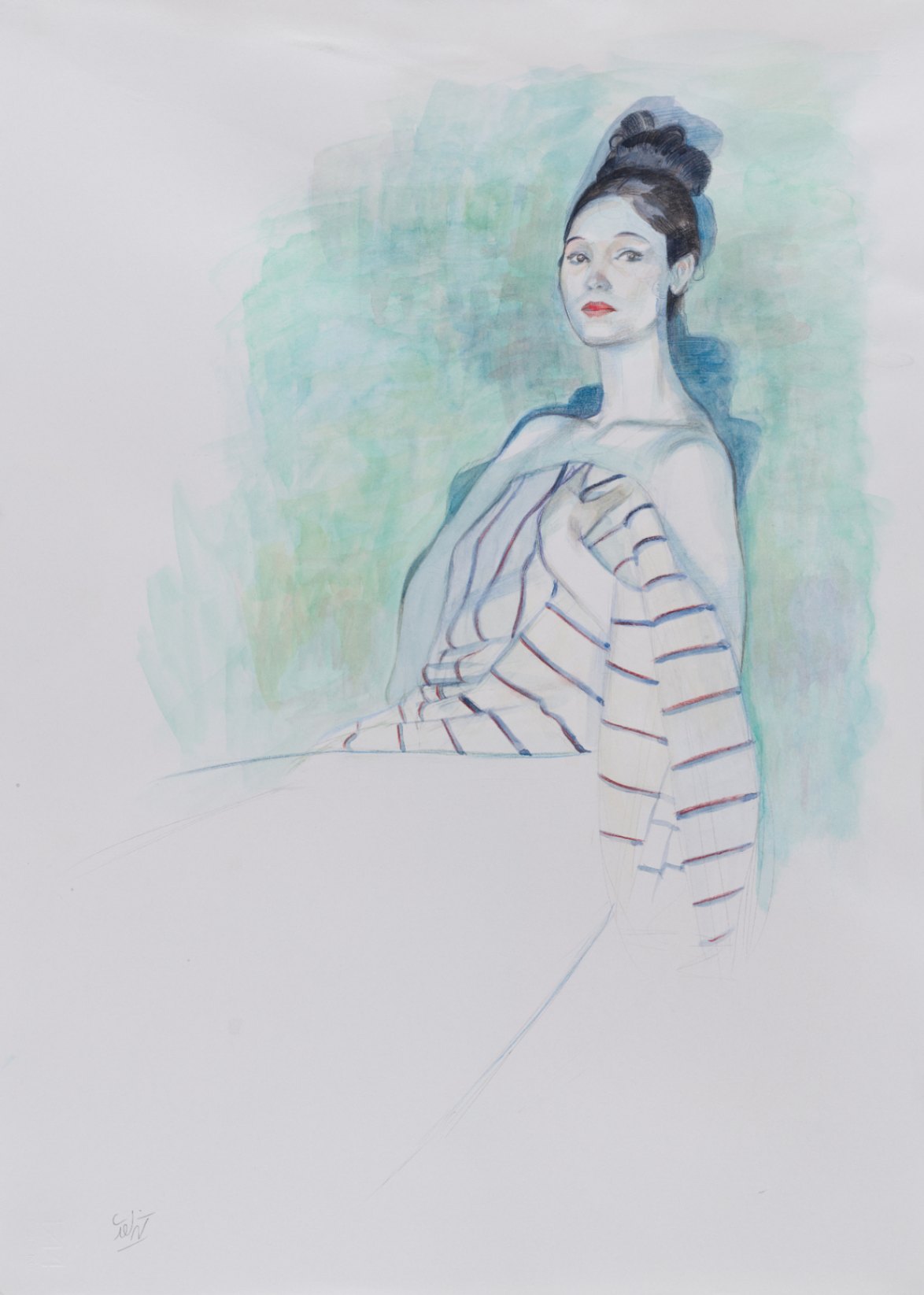 Sitting Girl with Striped Dress
