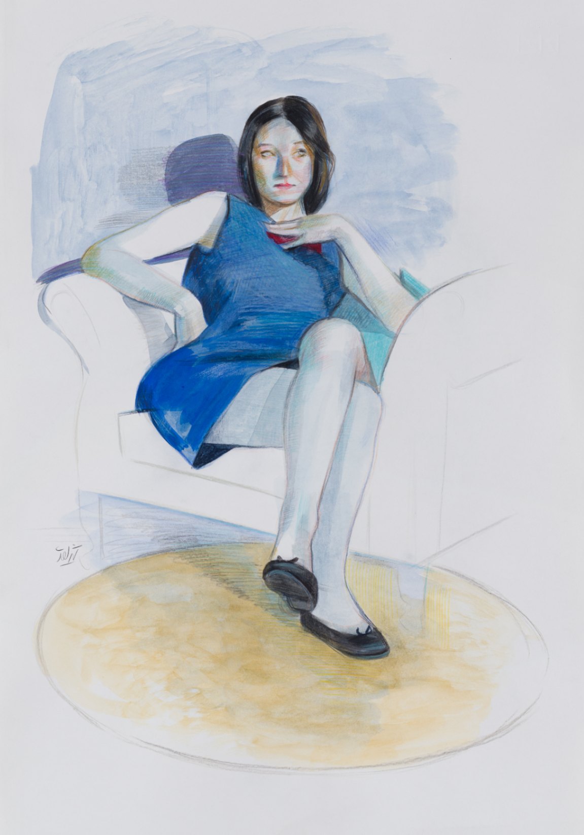 Sitting Girl in Blue Dress with Yellow Carpet
