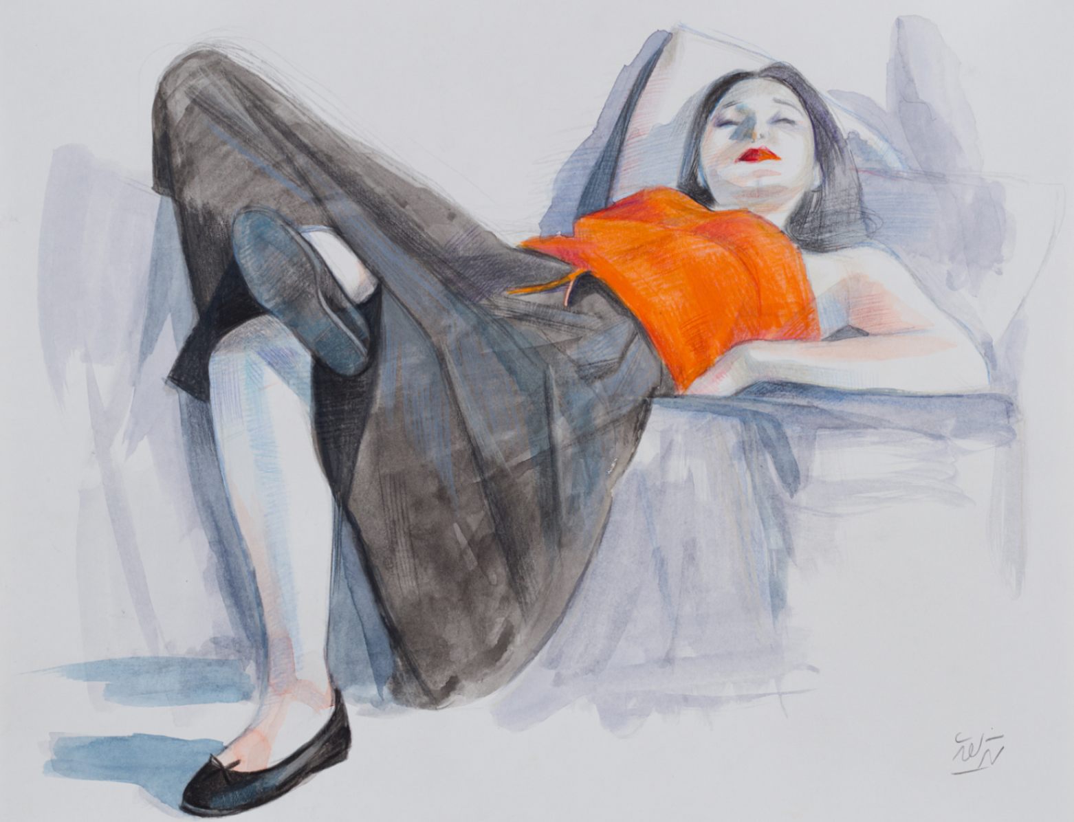 Sleeping Girl in Orange Dress and Black Skirt