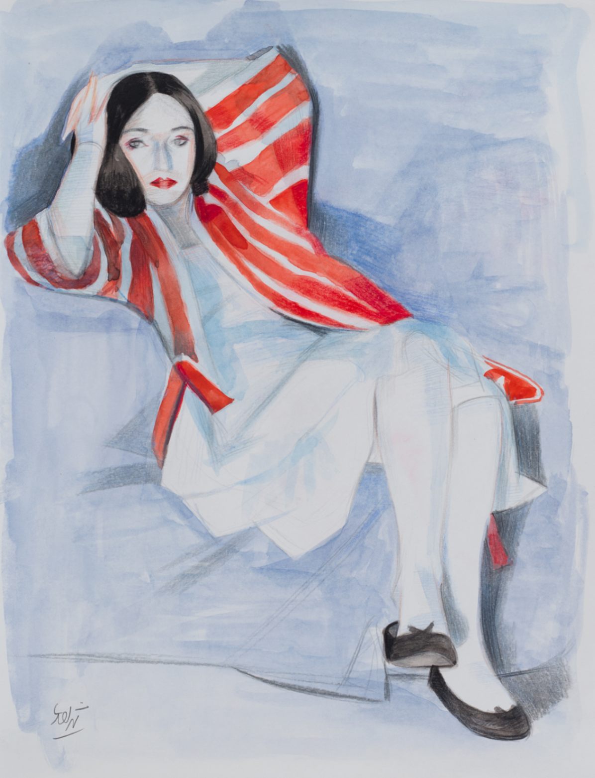 Sitting Girl in Stripped Red Robe